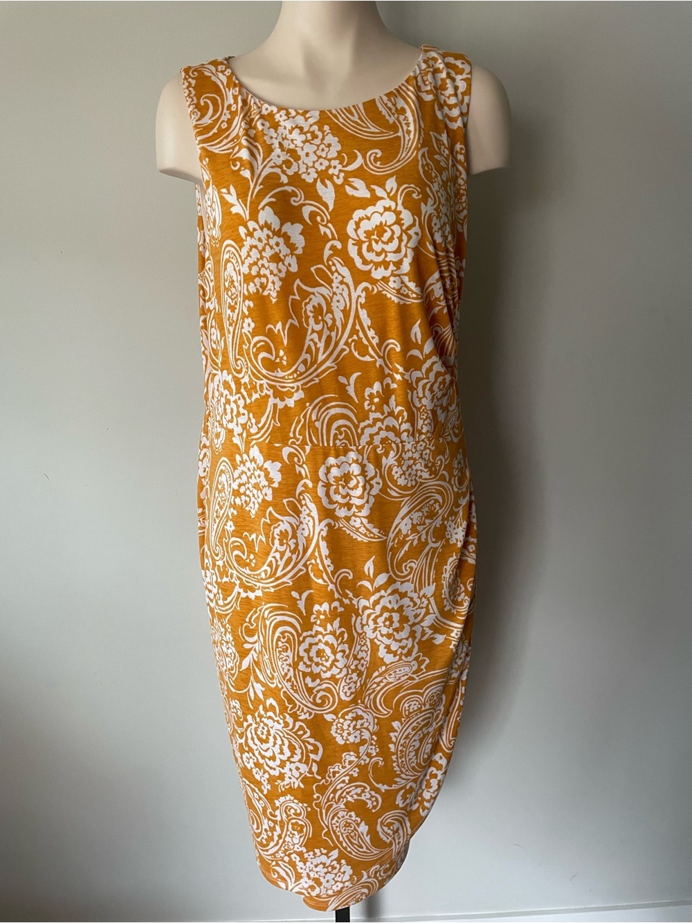 Laura Paisley Floral Tulip Dress Mustard Yellow Marigold Midi Size 12